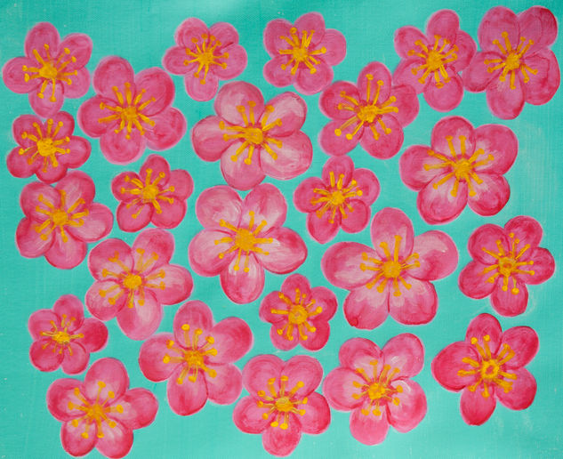 Crimson (raspberry pink) spring flowers on turquoise Acrylic Canvas Floral Painting