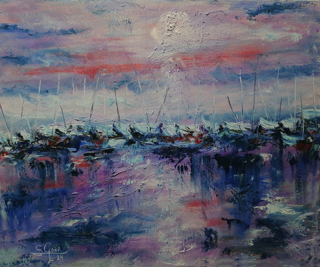 Veleros en puerto. Oil Canvas Marine Painting