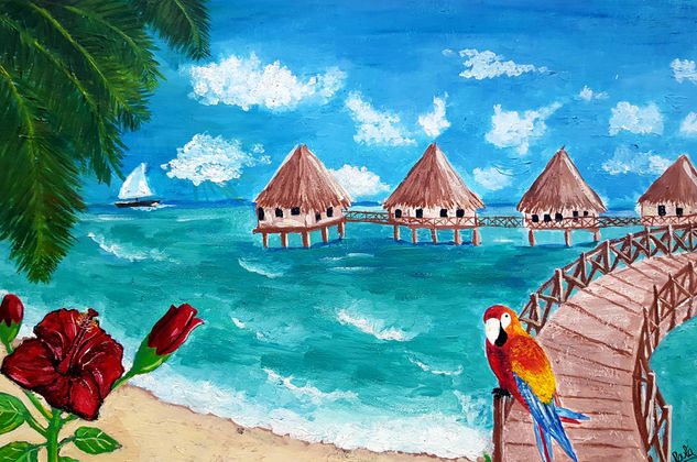 Loro en la playa Mixed Media