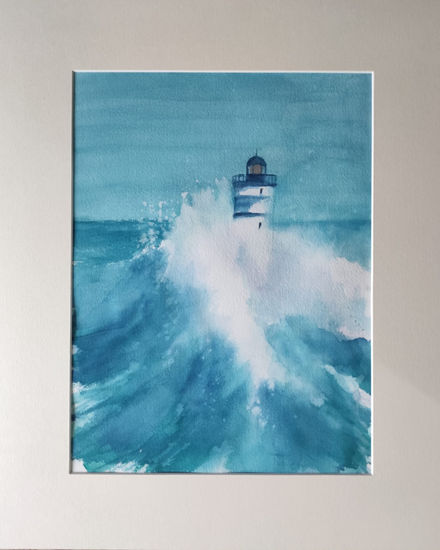 Faro en Alta Mar Watercolour Paper Marine Painting