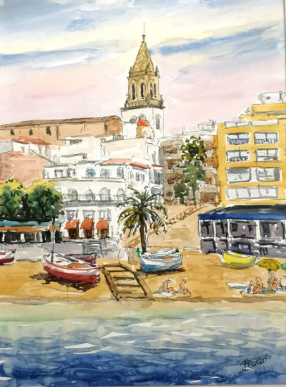 Playa y campanario de Palamos Costa Brava Watercolour Paper Marine Painting