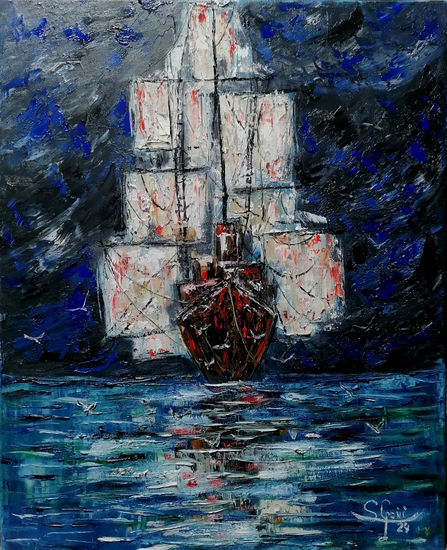 Velero en la noche. Oil Canvas Marine Painting