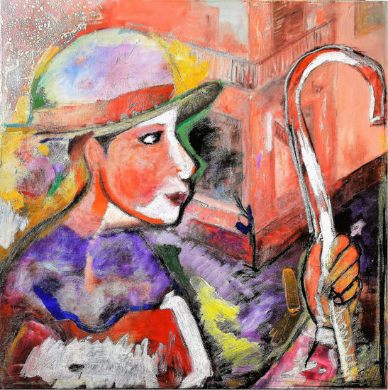 La mujer en París con batón en alto. Mixed media Canvas Portrait