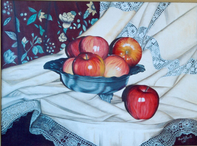 "FRUTERA DE ALPACA CON MANZANAS" Oil Canvas Still Life Paintings