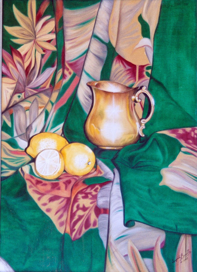 "Pañuelo verde con jarrita y limones"