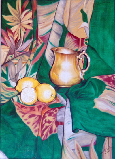 "Pañuelo verde con jarrita y limones" Oil Canvas Still Life Paintings