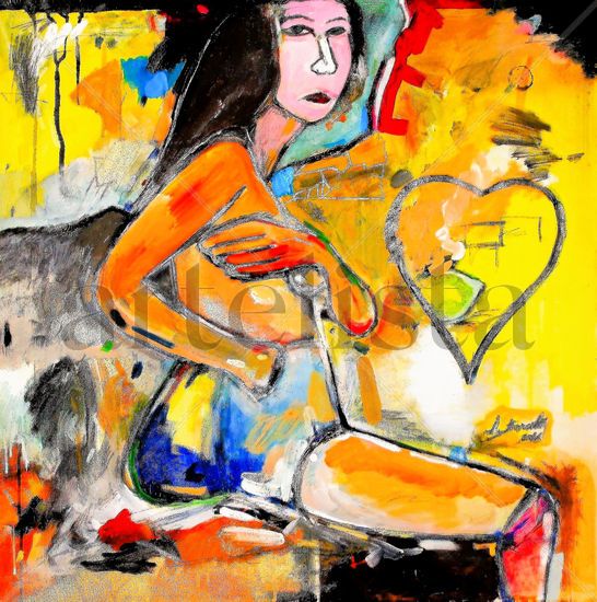 La mujer y amarillo de fondo. Media Mixta Tela Desnudos