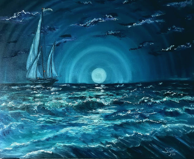 Navegación nocturna. Oil Canvas Marine Painting