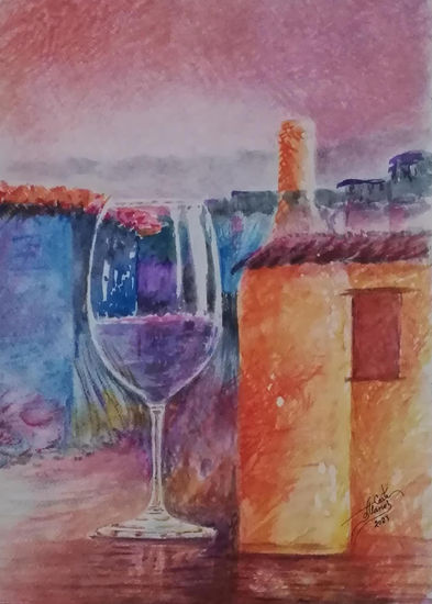 PUEBLITO DEL VINO TINTO Acuarela Papel Paisaje