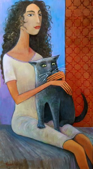 .Girl with a cat Óleo Lienzo Figura