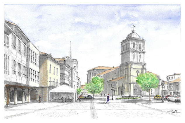 Aguilar de Campoo, colegiata de San Miguel Acuarela Cartulina Paisaje