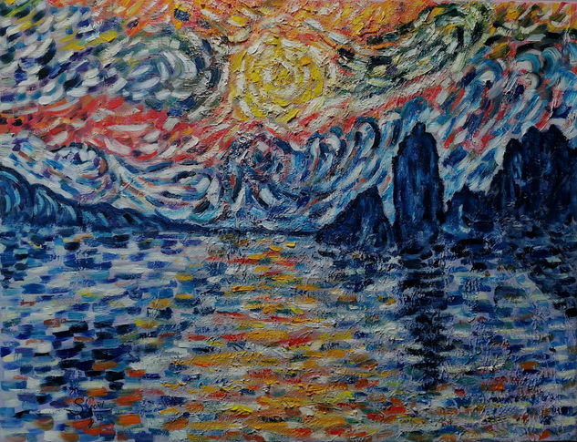 Playa de laga al atardecer. Oil Canvas Marine Painting