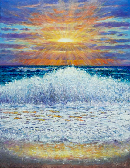 Atardecer en el Mar – La Danza del Sol y las Olas. Oil Canvas Marine Painting