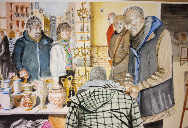 Vendedores en el mercado (sellers in the market) Acuarela Papel Paisaje