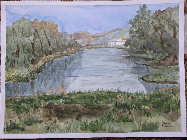 Charca al atardecer. Acuarela Papel Paisaje