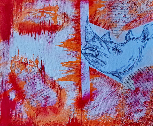 The rhino emerges from the fiery