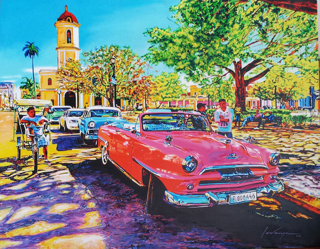 Auto clásico en Parque Martí, Cienfuegos. Acrílico Lienzo Paisaje