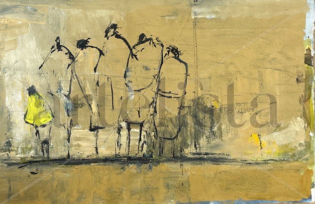 Waiting for the bus Oil Paper Figure Painting