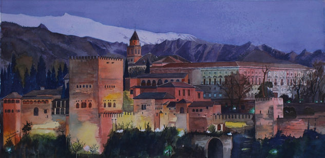 Alhambra de noche. Acuarela Papel Paisaje