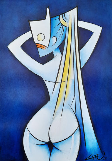 Chica Con Máscara en Azul Oil Paper Nude Paintings