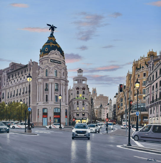 MADRID ATARDECER ENTRE GRAN VIA Y ALCALA Oil Canvas Landscaping