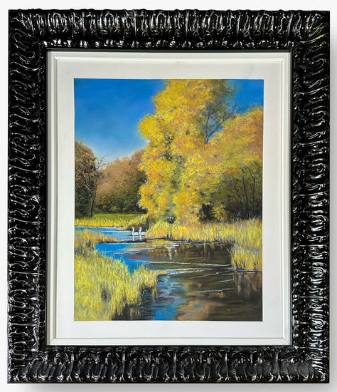 Cisnes en el estanque dorado Pastel Paper Landscaping