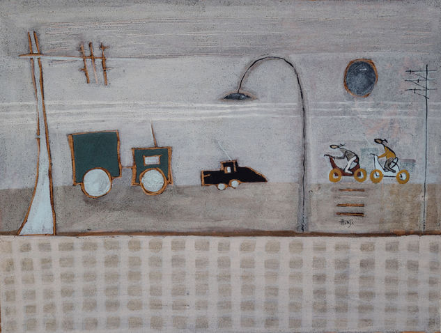 COCHES CON LUNA Mixed media Panel Figure Painting