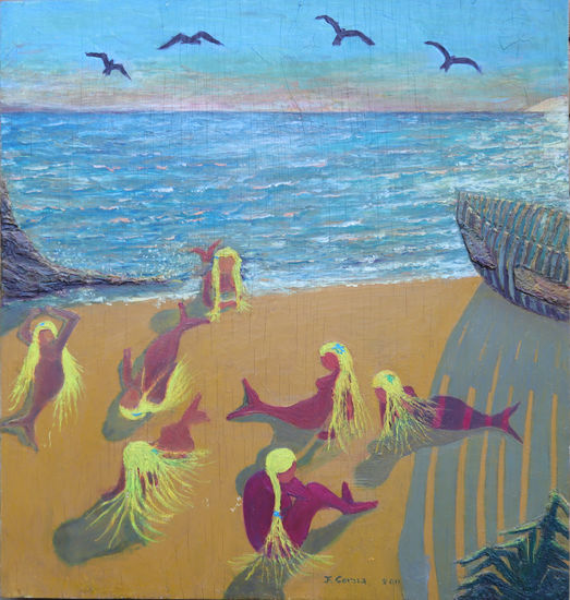 sirenas rojas Oil Panel Marine Painting