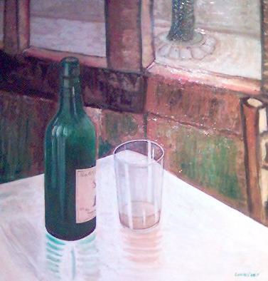 MESA CON BOTELLA Oil Panel Still Life Paintings