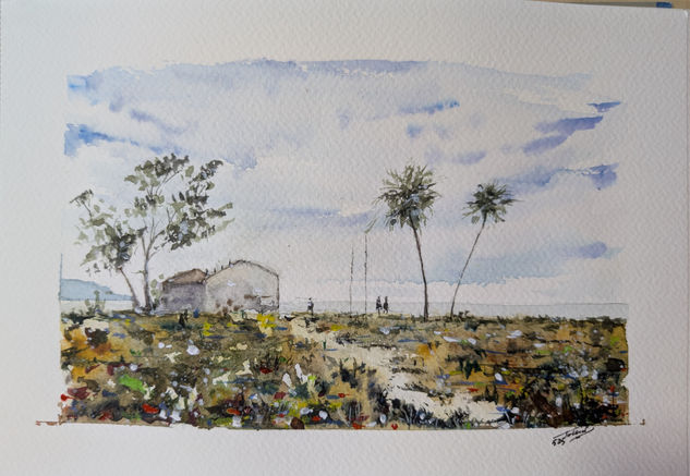 Casa cuartel de carabineros Ribera de la Algaida Acuarela Papel Paisaje