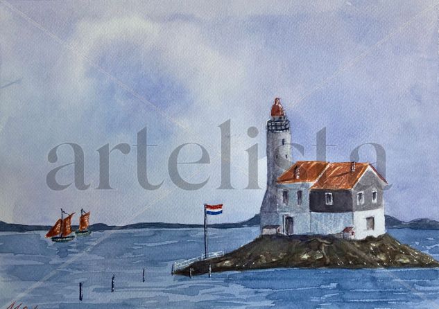 Faro de Marken Watercolour Card Marine Painting