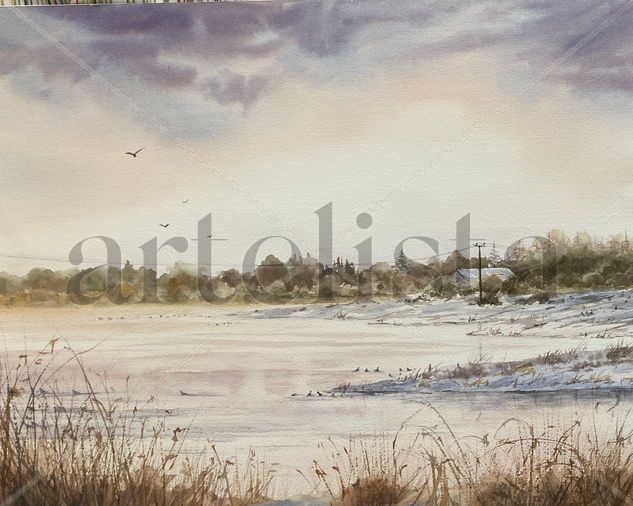 Lago nevado Acuarela Papel Paisaje