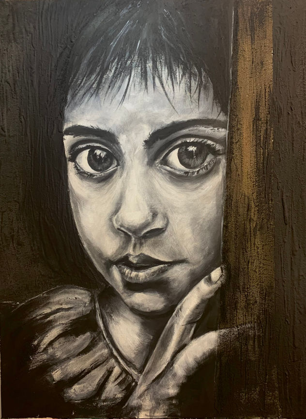 Niña Zíngara:pintura en técnica mixta con acrílico pintado a mano, retrato expresivo claro/oscuro, arte figurativo contemporáneo original
