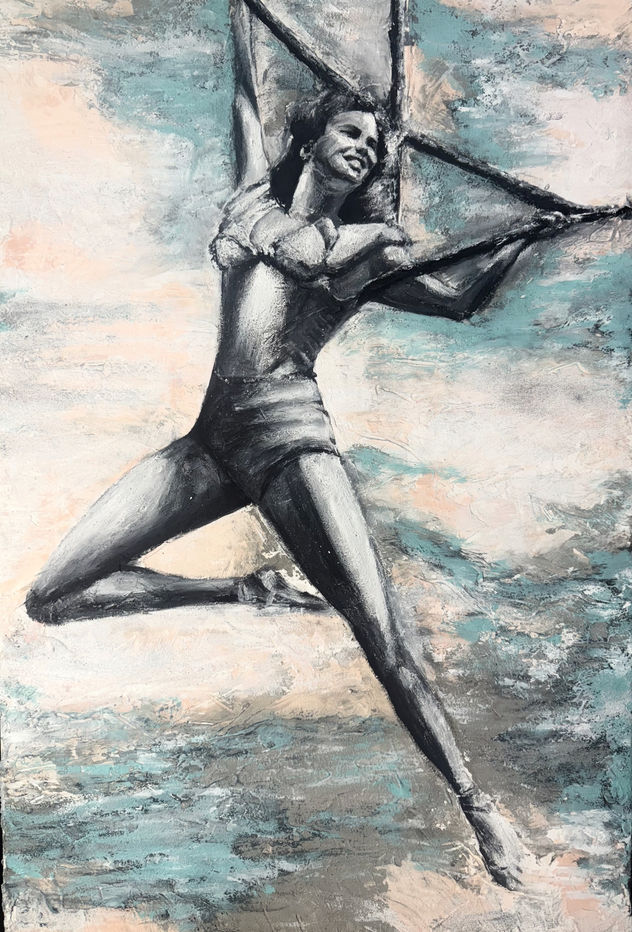Pintura original trapecista en técnica mixta | Arte contemporáneo en acrílico, cuadro figurativo de circo y movimiento pintada a mano