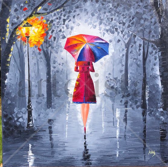 Paseando bajo la lluvia Óleo Lienzo Otros