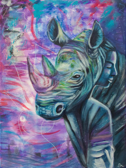 Spirit animal rhinoceros and woman Oil Canvas Figure Painting