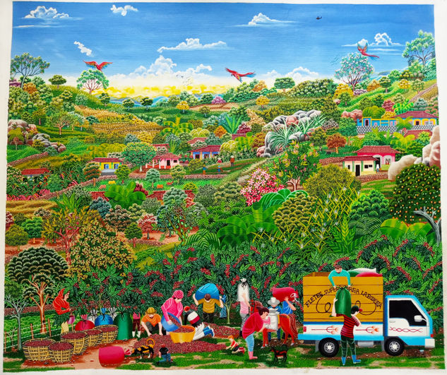 La recolección  de las cerezas 🍒  de café ☕. Óleo Lienzo Paisaje