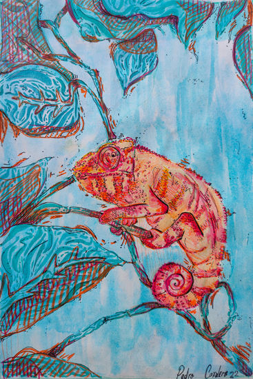 Camaleón lírico Acuarela Cartulina Animales
