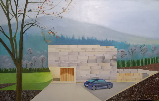 casa minimalista con automovil y arbol Oil Canvas Others