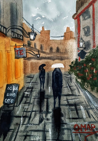 El hombre de la sombra Acuarela Papel Paisaje