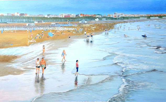 PLAYA NUBLADA DESDE LA ESCOLLERA Óleo Tabla Marina