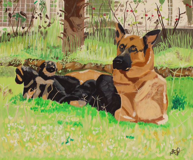 Jana y sus cachorros Oil Canvas Animals