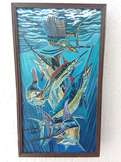 Hermoso Cuadro al óleo de Marina Peces Espada Magnificencia Azul Agua Mar Reflejo Claridad Oil Canvas Marine Painting