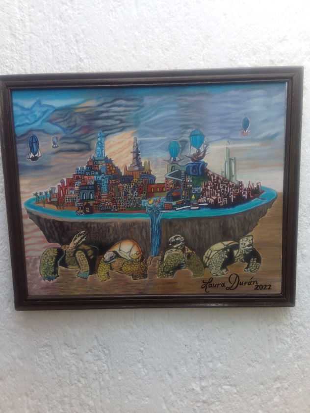 Hermoso Cuadro al óleo de tortugas y ciudad con globos aerostáticos y cascada y tierra dorada y cielo nublado
