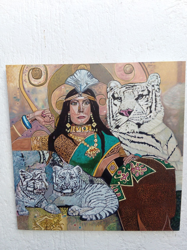 Hermoso Cuadro al óleo de modelo mujer con tigres blancos, tigre adulto y dos tigres cachorros excelentes colores y excelente pieza pintada al óleo excelentes trazos, magnífico trabajo, excelentes detalles