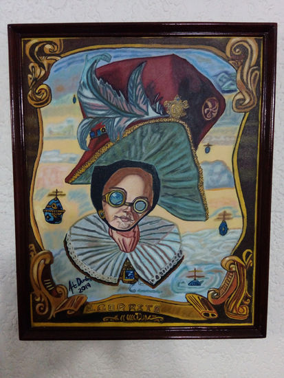 Hermoso Cuadro al óleo de gorro antiguo con colores zafiro y oro, huevos de diseñador voladores, marco pintado simulando madera, cielo con tonos cálidos y fríos, incluye el marco, como se ve en la imagen, gorrito color fucsia con pluma Óleo Lienzo Figura