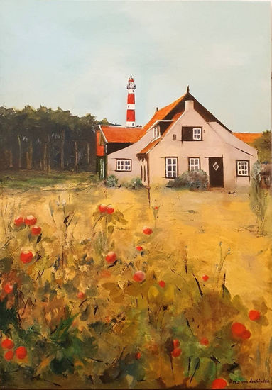 Rose hips and lighthouse Oil Canvas Landscaping