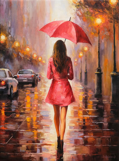 City Rainy Day Oil Canvas Figure Painting