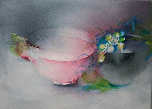 bodegón con tazón rosa Watercolour Paper Still Life Paintings