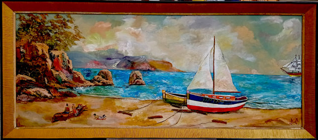 PLAYA CON BARCAS Oil Panel Marine Painting